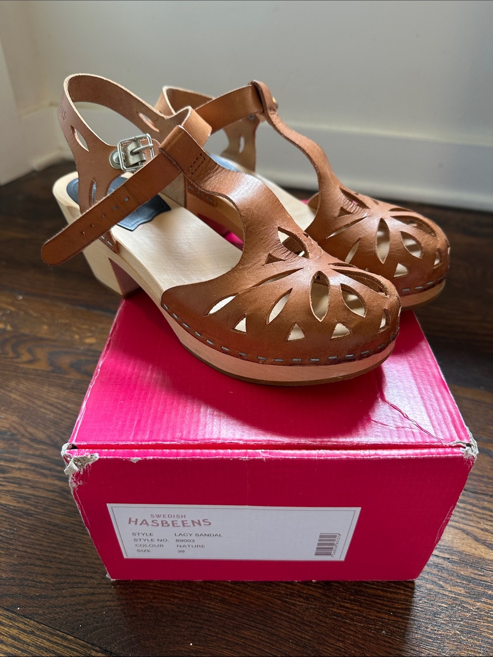 Swedish Hasbeens Tan Leather Cutout Clogs